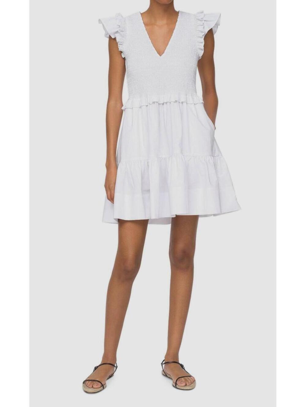 Sea New York‎ Phoebe White Smocked Mini Dress Flutter Sleeve Tiered Cotton Sz 2